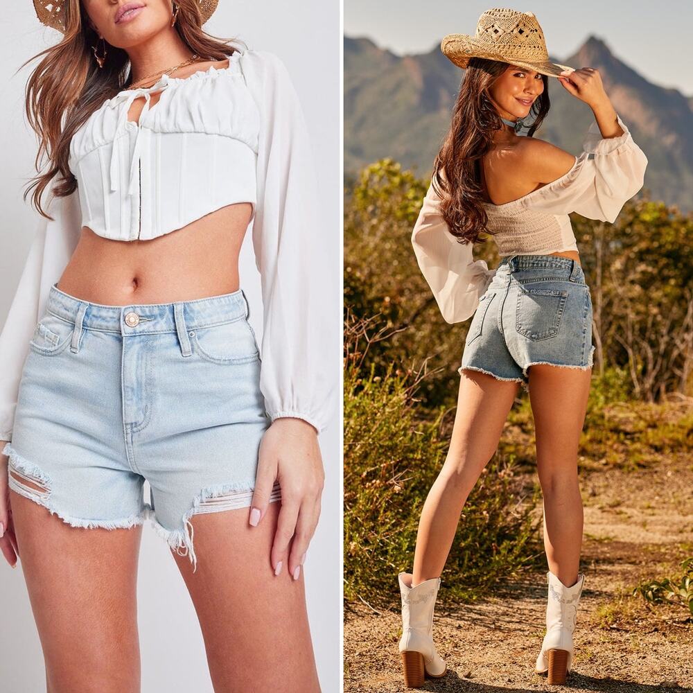 YMI Western Festival High Rise Distressed Denim Shorts K White Rips 13 / 31 NWT